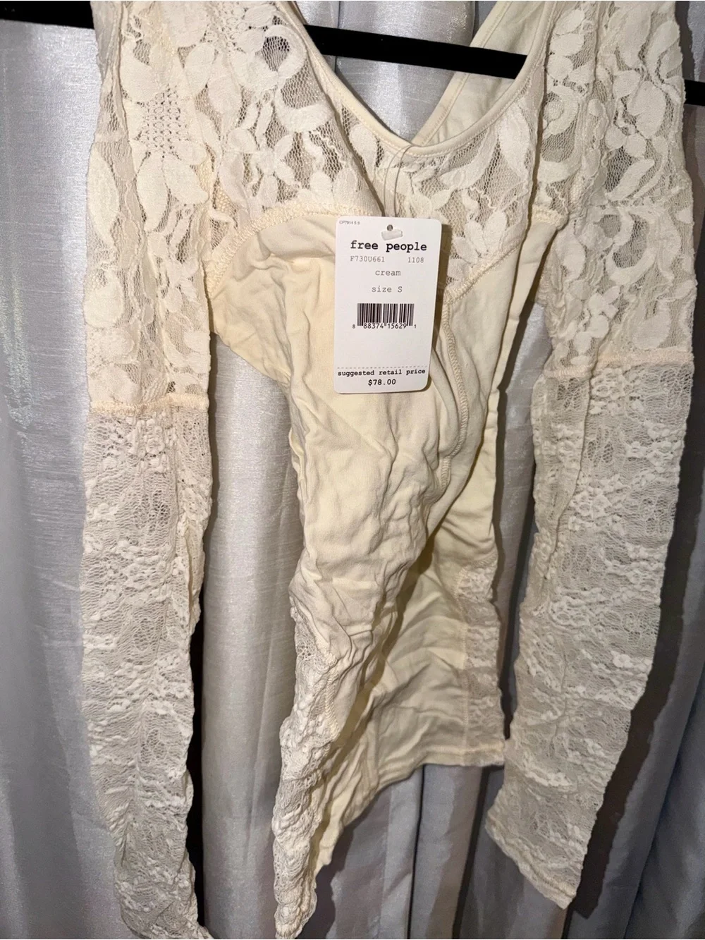 Free People Sweet Thang Cream Lace Yoke Long Sleeve Tee